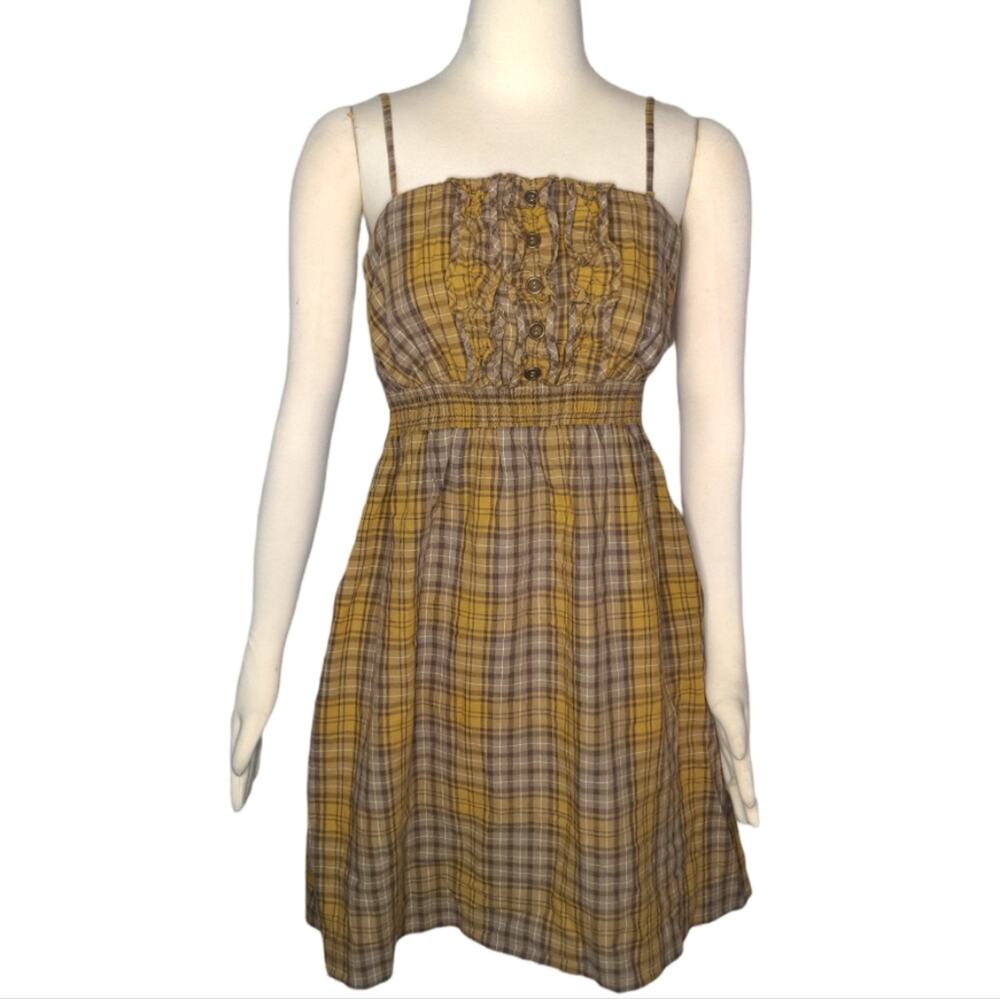 ANTHROPOLOGIE MAEVE Yellow Plaid Spaghetti Strap Strapless Ruffle Dress Medium